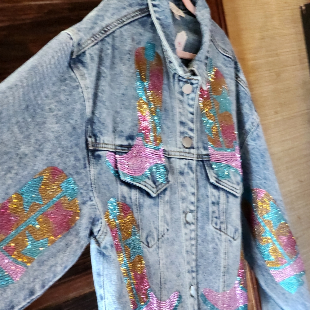 PEACH LOVE CALIFORNIA Oversized Denim Jacket Sequin Cowboy Boots - Picture 6 of 12